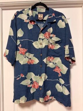 Vintage Tag Tommy Bahama 100% Silk  Camp Shirt - Navy Blue Floral Print - Size L